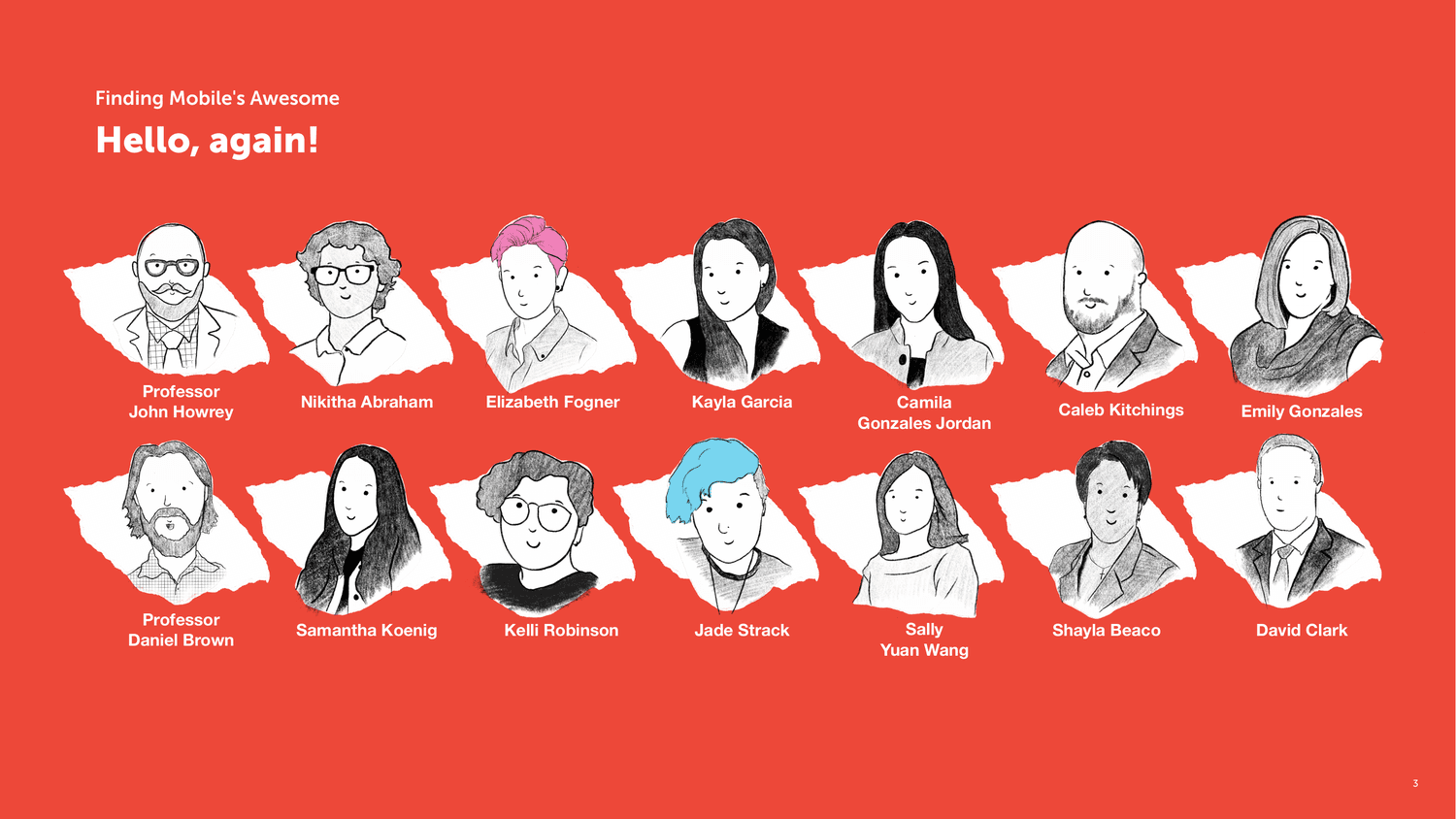 The Mobile studio team page: illustrated portraits of the student team and faculty leads, including Professor John Howrey