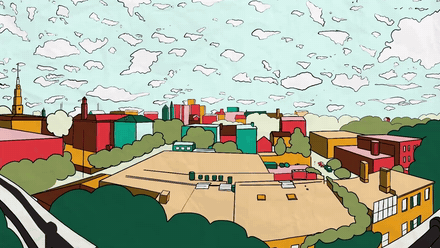 Opening of the Deloitte Perception vision video: an illustrated town drawn in soft greens, the camera drifting over rooftops and streets as the story settles into a place.