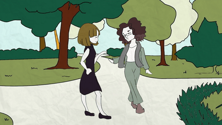 Two illustrated characters on a park bench in the Perception vision video, one leaning in as the conversation turns warm