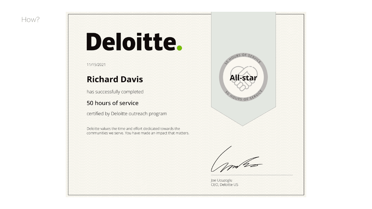 A signed Deloitte service certificate awarded for fifty hours of service, the credential made tangible