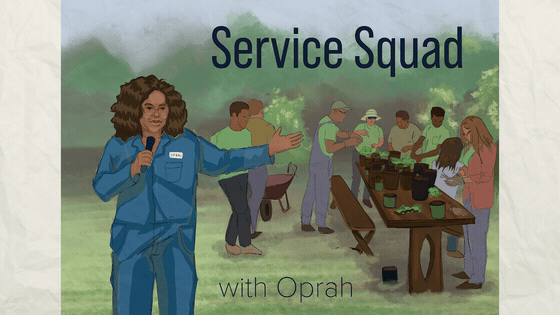 The Service Squad concept animating in: a community-service show with Deloitte volunteers, framed like a streaming series