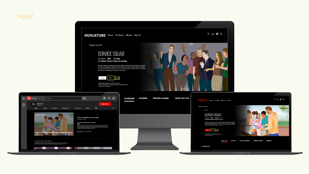 Service Squad mocked up across YouTube, Netflix, and a fictional streaming service on phone, laptop, and TV