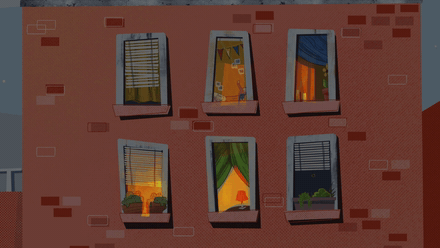 The close of the Social Care vision video: an apartment building as points of connection lift off and link neighbor to neighbor across it