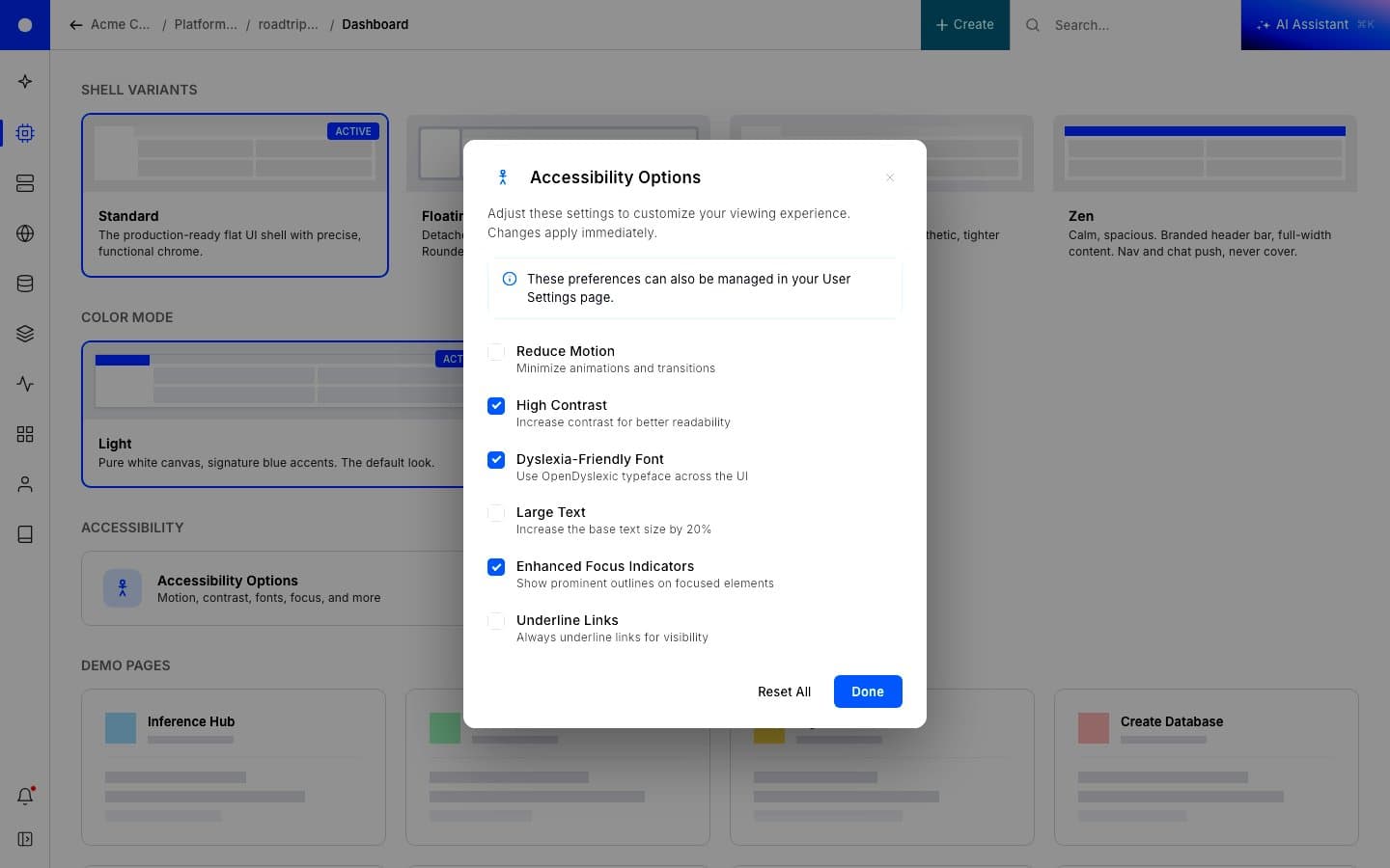 Accessibility Options modal: six toggles for Reduce Motion, High Contrast, Dyslexia-Friendly Font, Large Text, Enhanced Focus Indicators, and Underline Links. Three are checked. The note at the top says these preferences are also available in User Settings.