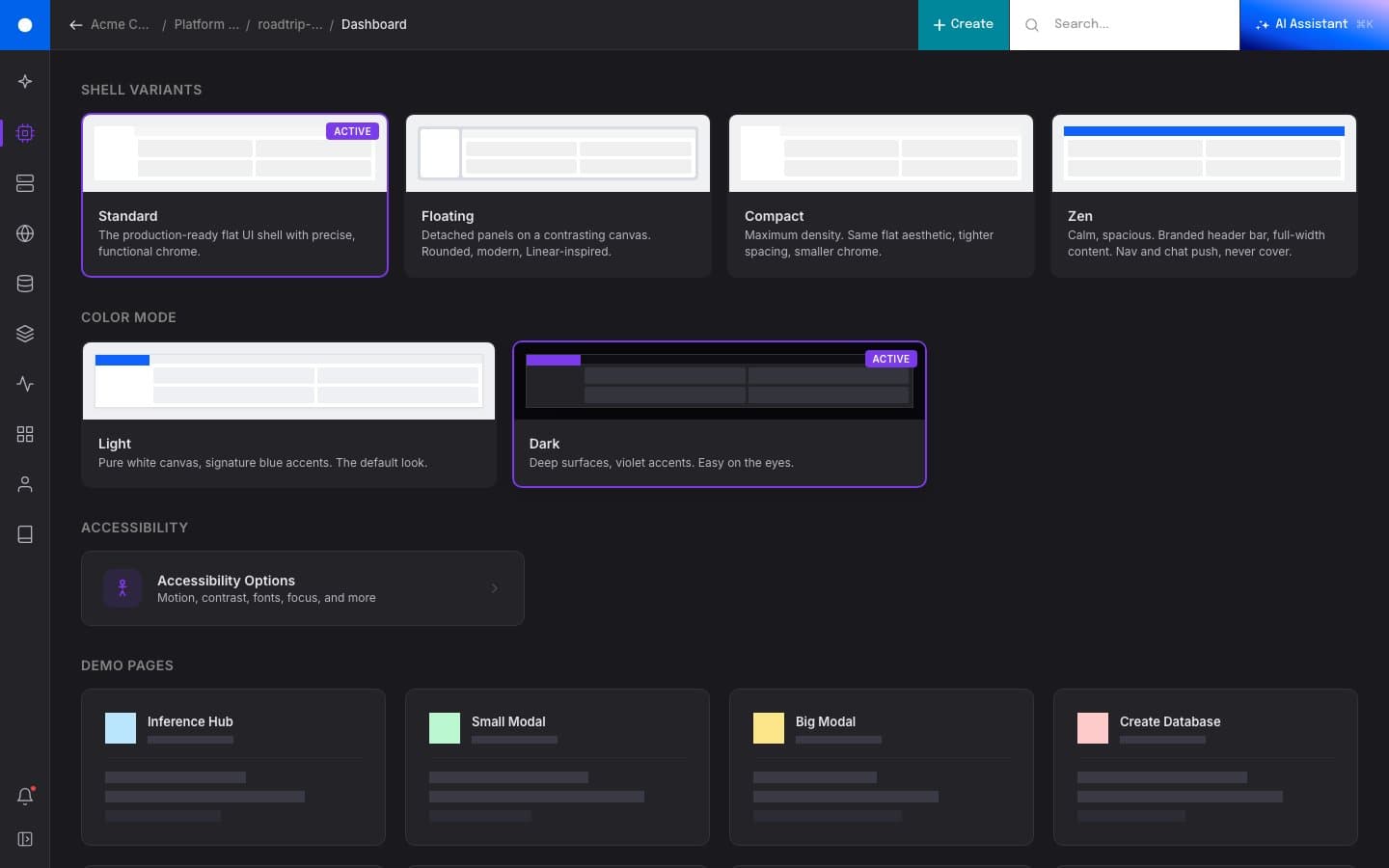 Dark color mode active: deep surfaces with violet accents, tuned for focus and AI inference workflows