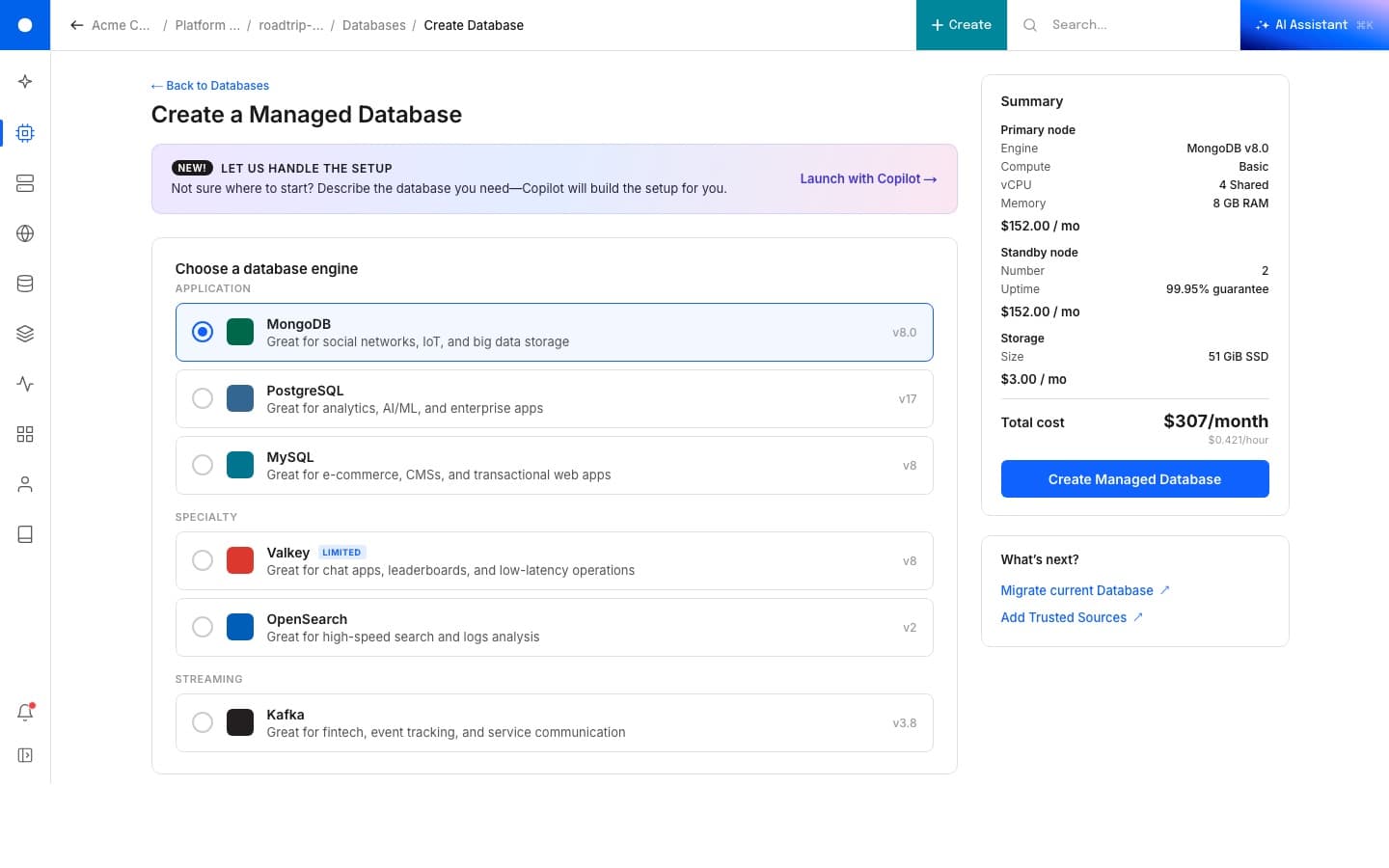 Database create: a creation flow with stepped sections, plan selection, and clear cost preview