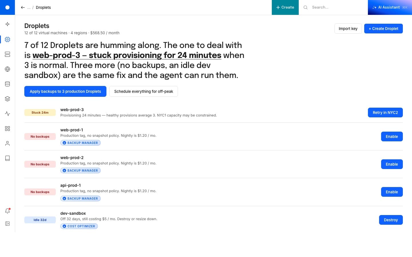 Resource list view: wide table with status indicators and a sidebar panel suggesting which resources need attention