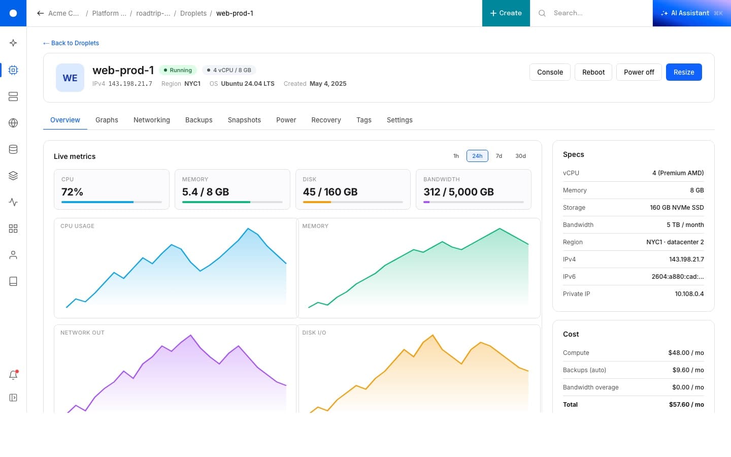 Resource detail: single resource page with metrics, recent activity, and inline AI suggestions