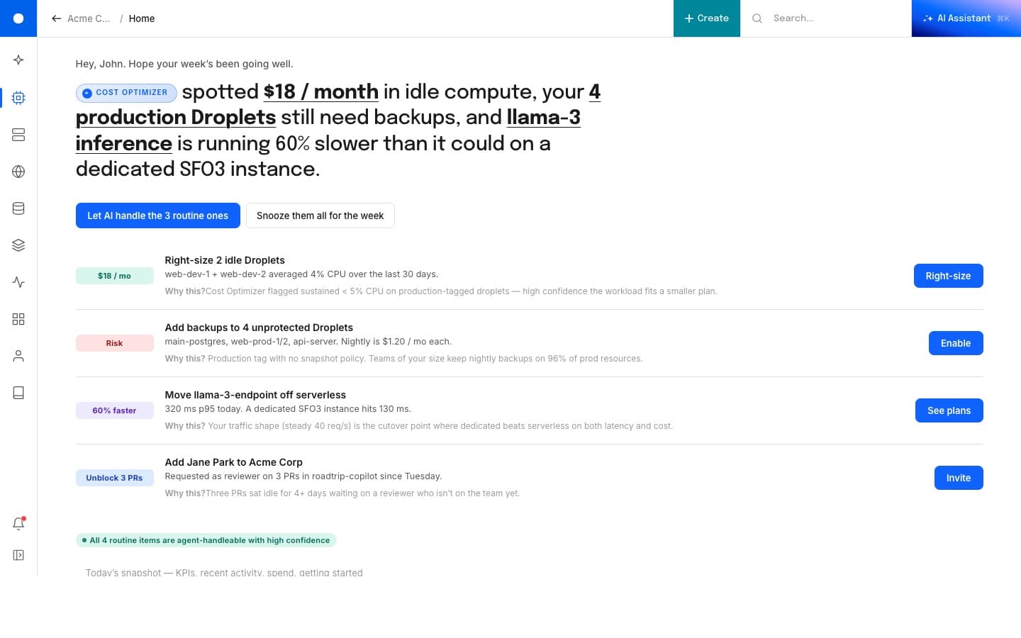 Seashell UX home: a clean control panel with the heading 'Good morning, John' and four prioritized weekly tasks, each tagged for cost, risk, performance, or unblock. The right side has a Create button, a global search, and an AI Assistant entry point.