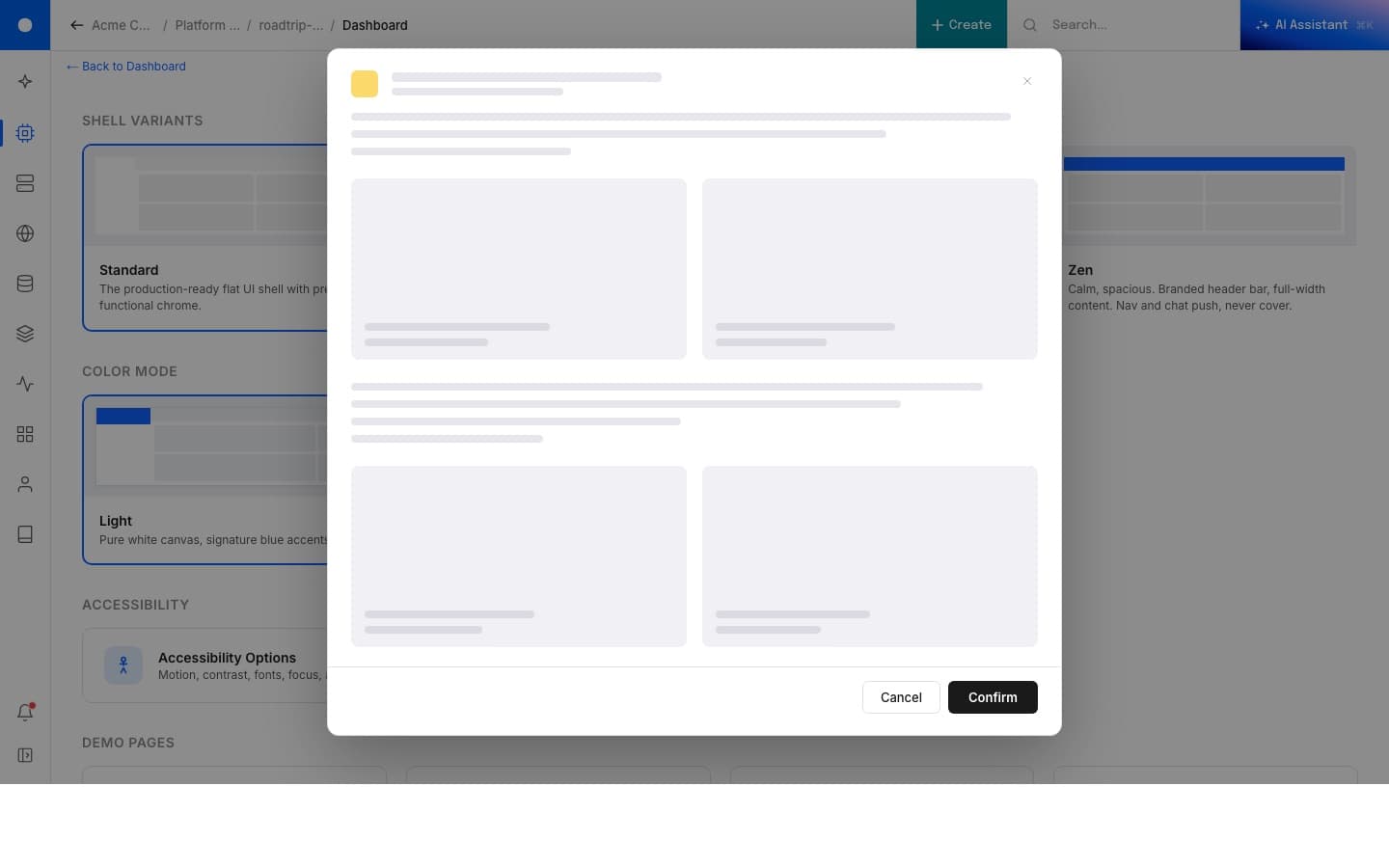 Large modal pattern: full-form modal for a multi-field workflow with the underlying page still readable behind it