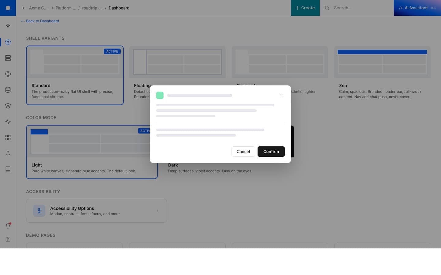 Small modal pattern: single-action confirmation dialog with the rest of the page dimmed behind it