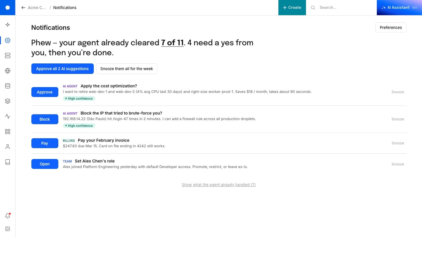 Notifications panel: a right-side drawer that lists recent alerts grouped by category, with quick actions inline