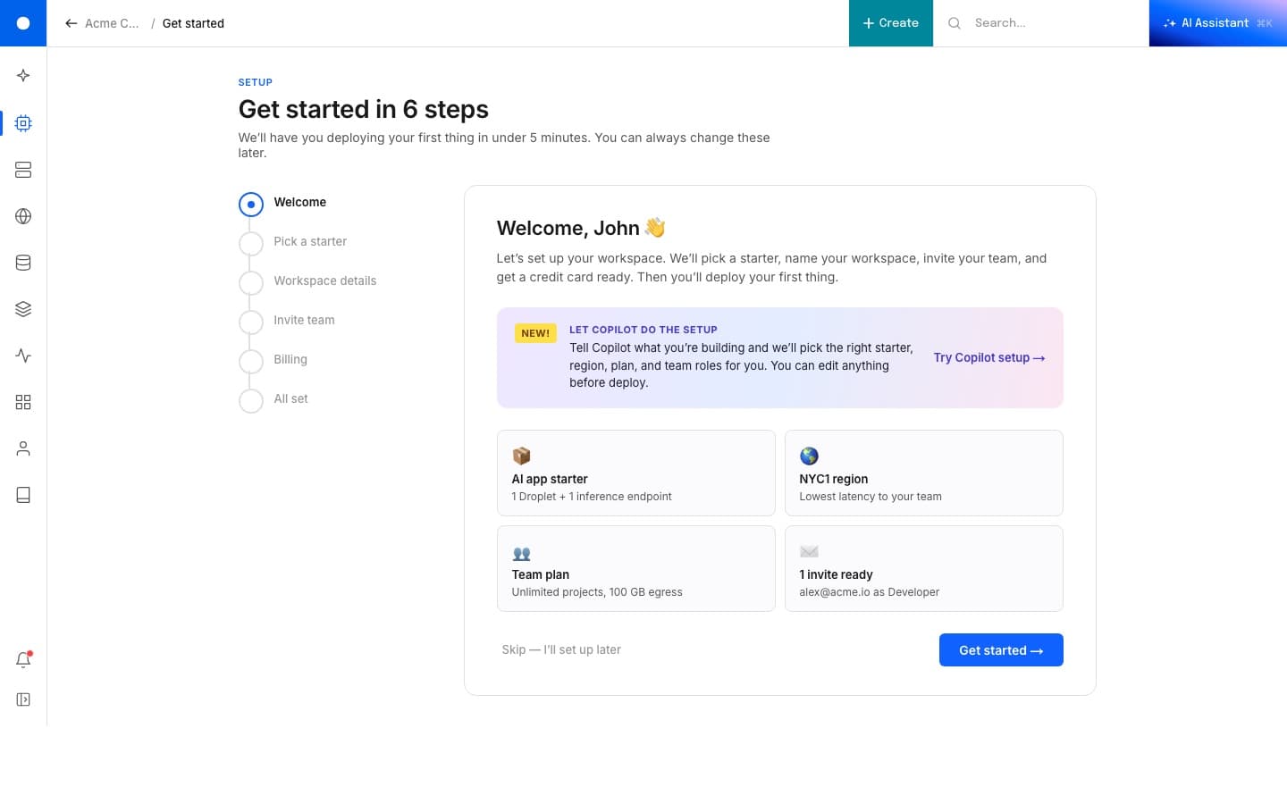 Onboarding view: first-run welcome screen using the same shell, simplified to a single primary action and a small set of getting-started steps