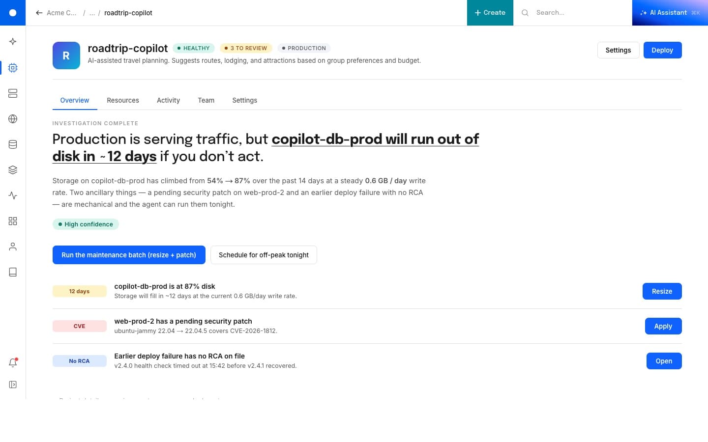 Project view: a project landing page that aggregates the resources and activity scoped to one workload