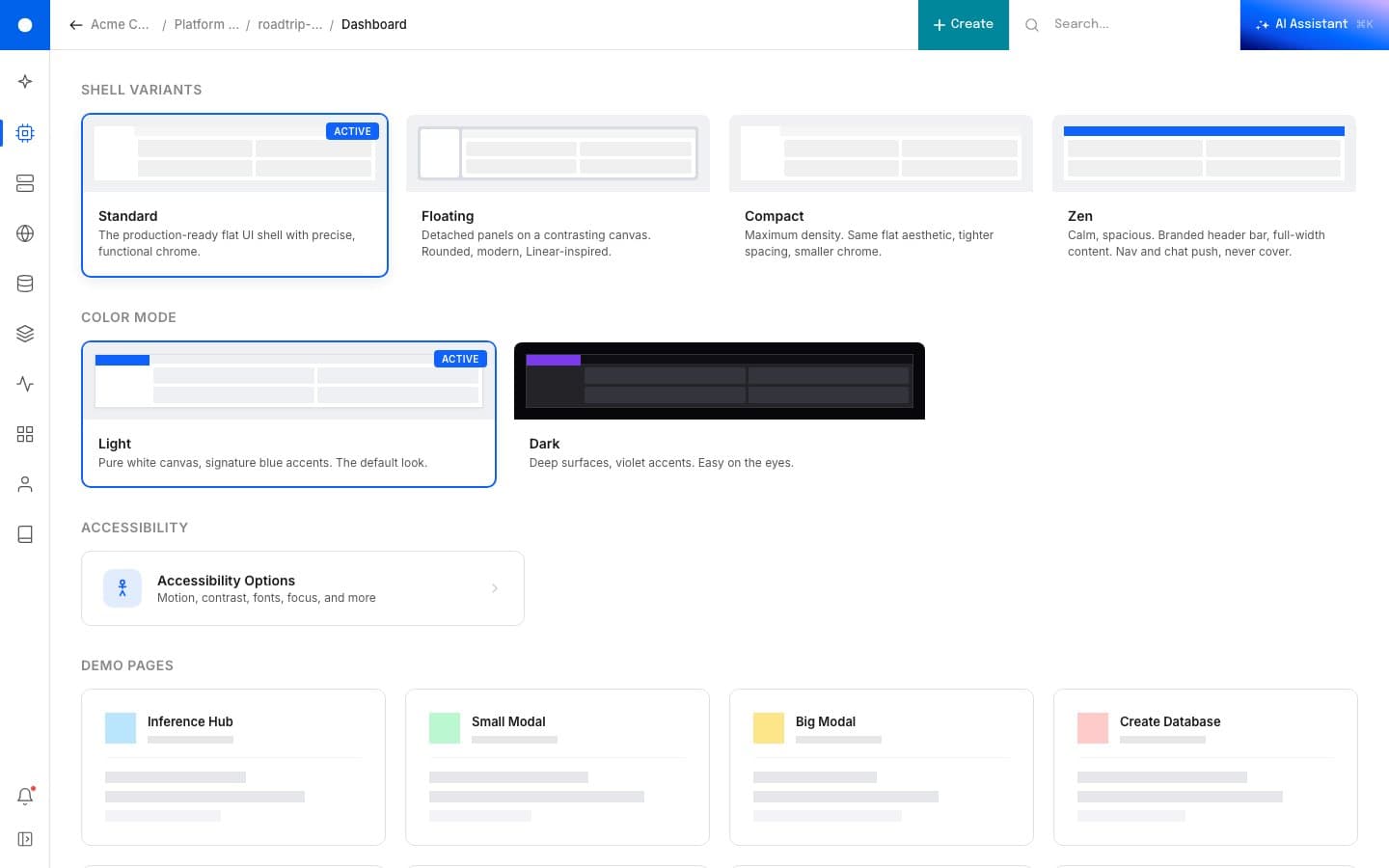 Standard variant active in the chooser: the production-ready flat UI shell with precise functional chrome, ACTIVE pill on the Standard card