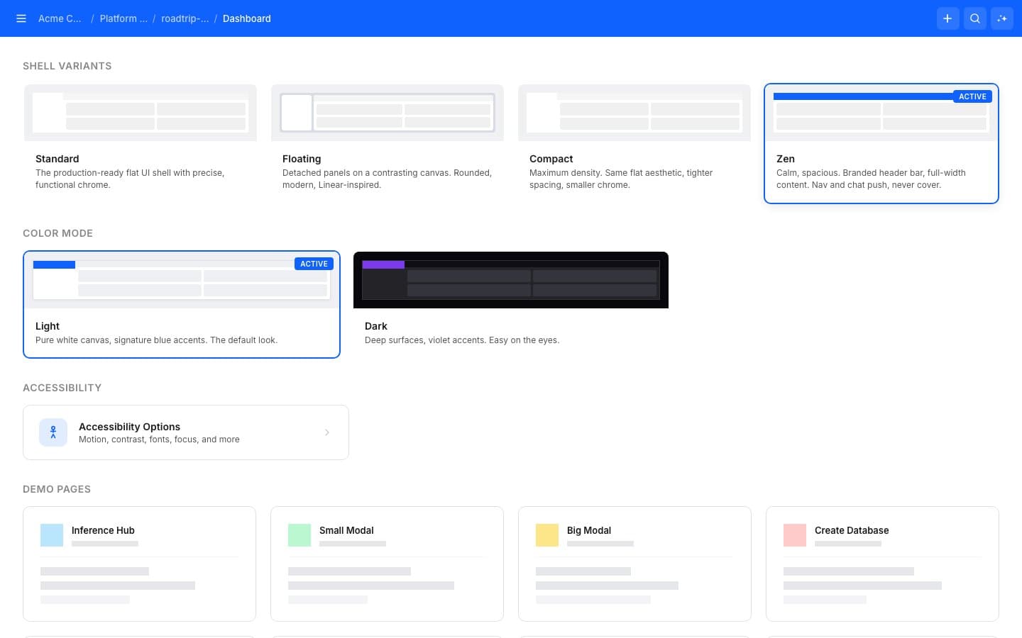 Zen variant active in the chooser: calm and spacious, branded header bar, full-width content, nav and chat that push instead of cover, ACTIVE pill on the Zen card