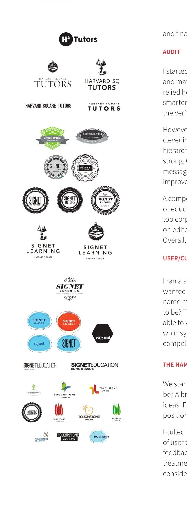 Logo exploration grid: dozens of name and mark studies stacked top-to-bottom. Harvard Square Tutors lockups with stacked lamp icons, vintage Signet Tutors badges with green and grey rosettes, dense Signet medallions, sketchy Signet Learning calligraphy, candidate marks for Signet Education in cyan and orange, and a third candidate name (Touchstone) with another full set of mark explorations underneath.