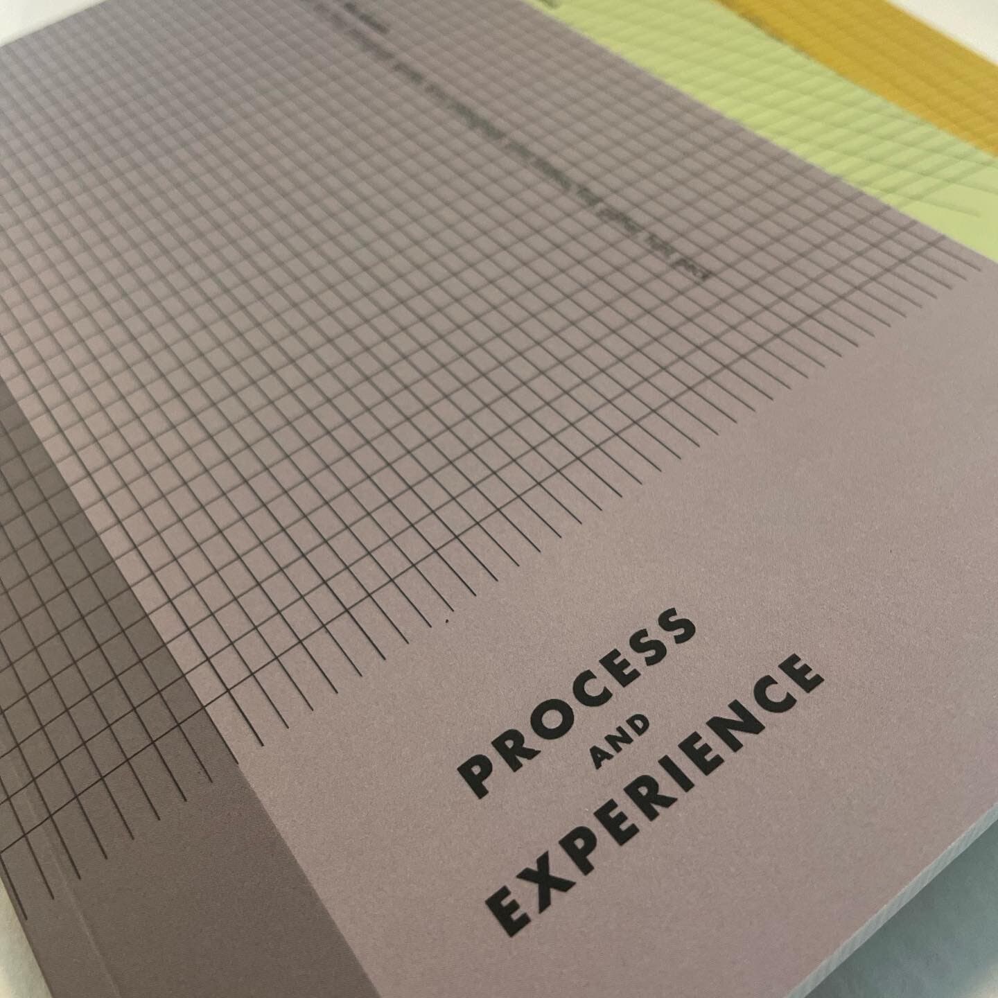 A close-up of one cover: a lavender-grey sketchbook with PROCESS AND EXPERIENCE set in stacked black display caps in the lower-right corner, against a half-grid pattern that breaks across the front like a torn page. A peach and pale-green book peek from underneath.