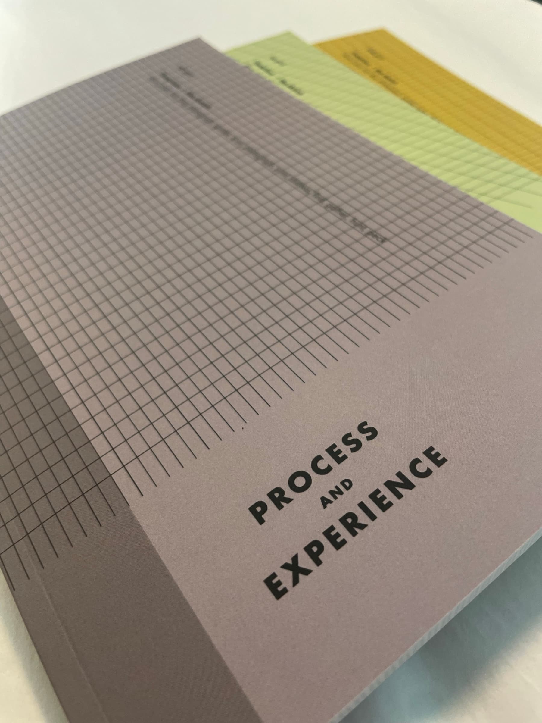 A volume spread photographed from above at an angle: the same lavender PROCESS AND EXPERIENCE cover with the title rotated and stacked, sitting on top of a yellow page and a green page also from the series. Soft natural light raking across the paper.