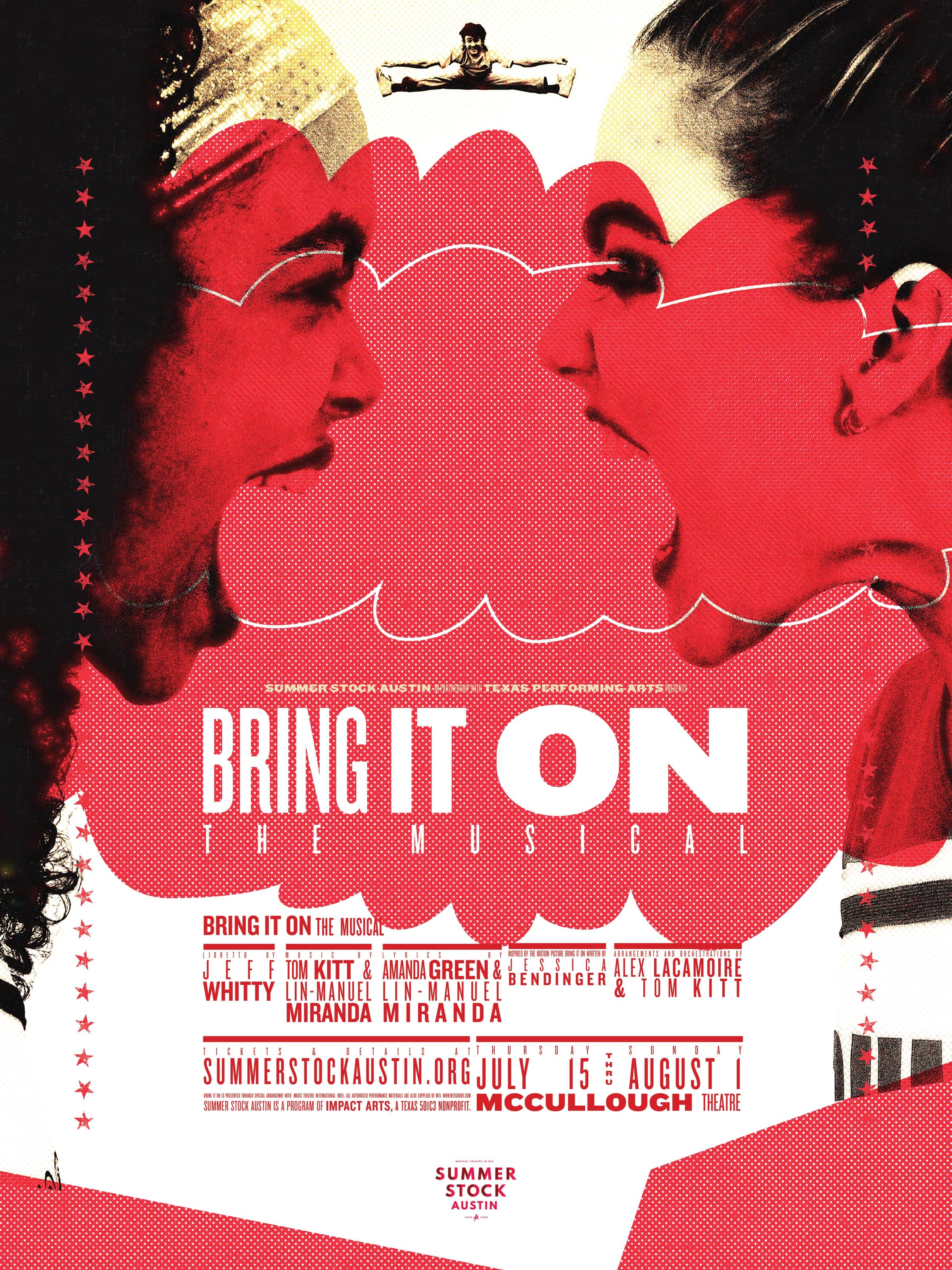 The Bring It On The Musical poster: two cheerleaders in profile facing each other in scarlet halftone duotone, a small SUMMER STOCK AUSTIN red corner block at the top with a tiny acrobat silhouette over it, vertical red star bunting on both side edges, BRING IT ON: THE MUSICAL set in chunky white display caps in the lower third with the creator credits stacked underneath, run dates and McCullough Theatre venue line at the foot.