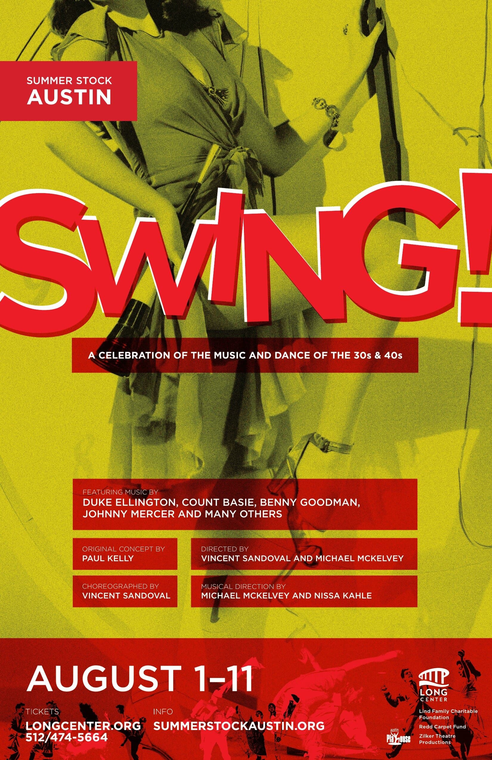 The SWING! poster: a slanted SWING! display wordmark in red against a yellow ground, A CELEBRATION OF THE MUSIC AND DANCE OF THE 30s & 40s set in red caps underneath, with a soft-focus dancing-couple photograph filling the upper half.