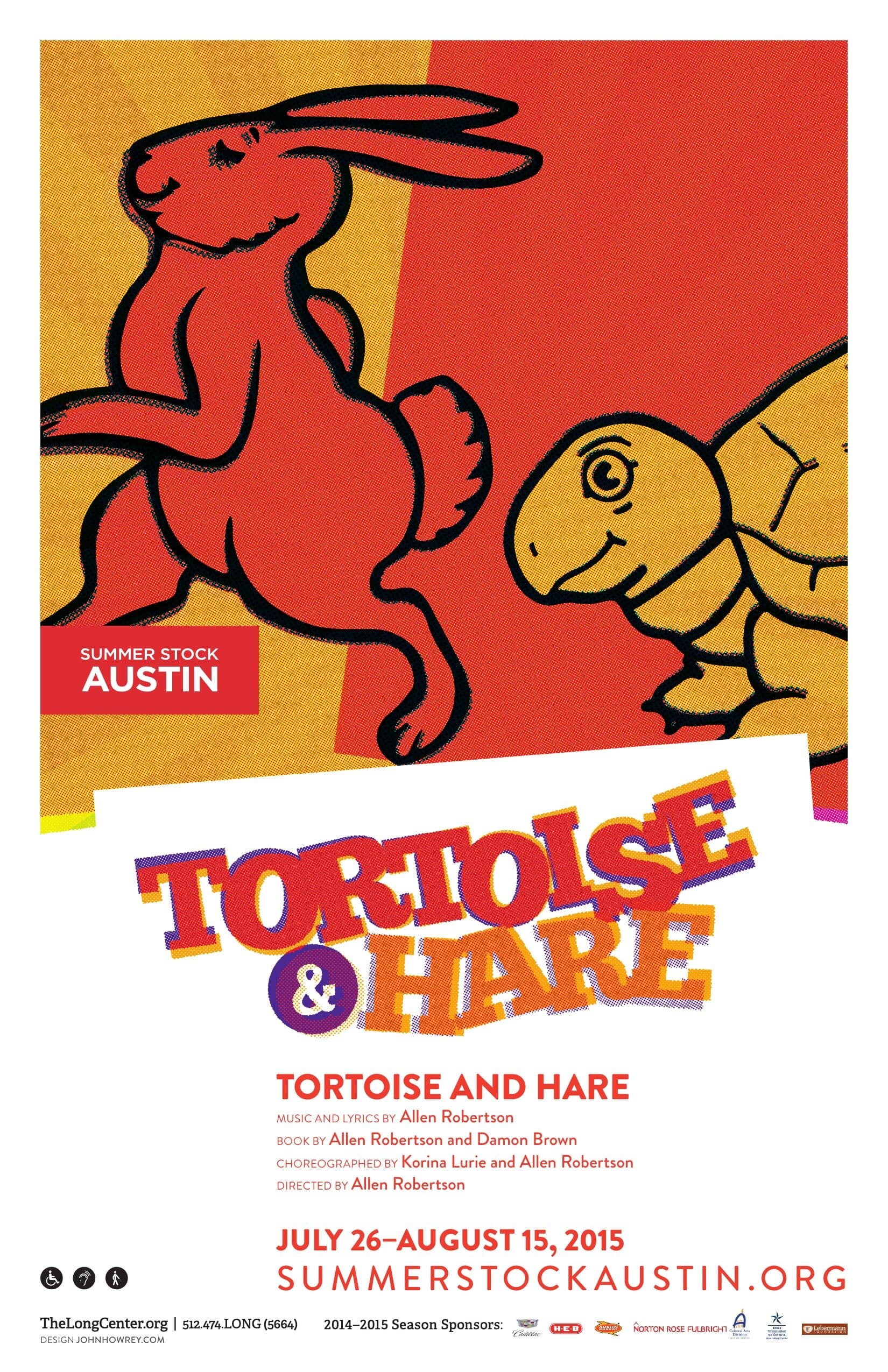 The Tortoise and Hare poster: red sun-ray ground, an illustrated red hare on his hind legs facing a yellow tortoise, TORTOISE & HARE set in chunky multi-color overlapping display caps anchored on a white panel below.
