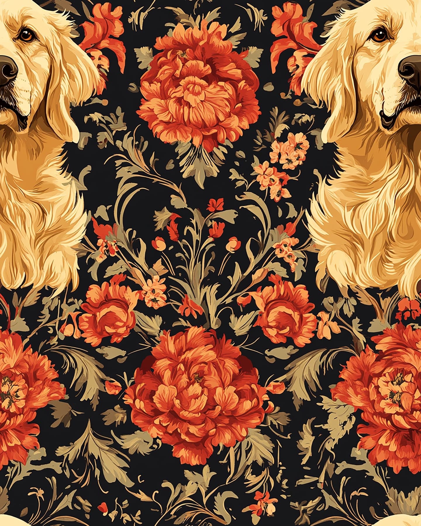 Golden Retrievers: antique floral pattern with golden retrievers worked into the repeat