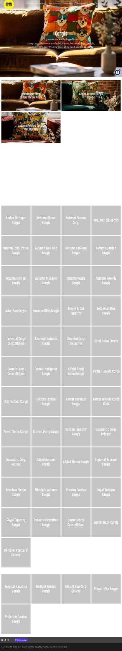 The Corgi collection page: products filtered to one breed, the pattern carrying through every form factor