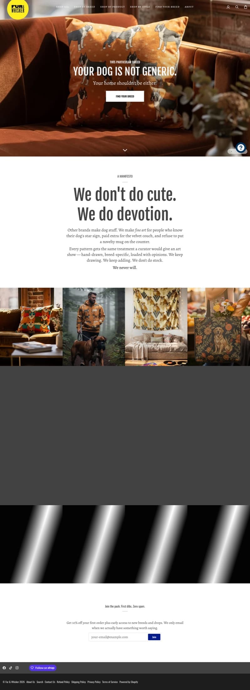 thisparticularbreed.com home: full-page Shopify storefront with hero photography and breed-led navigation