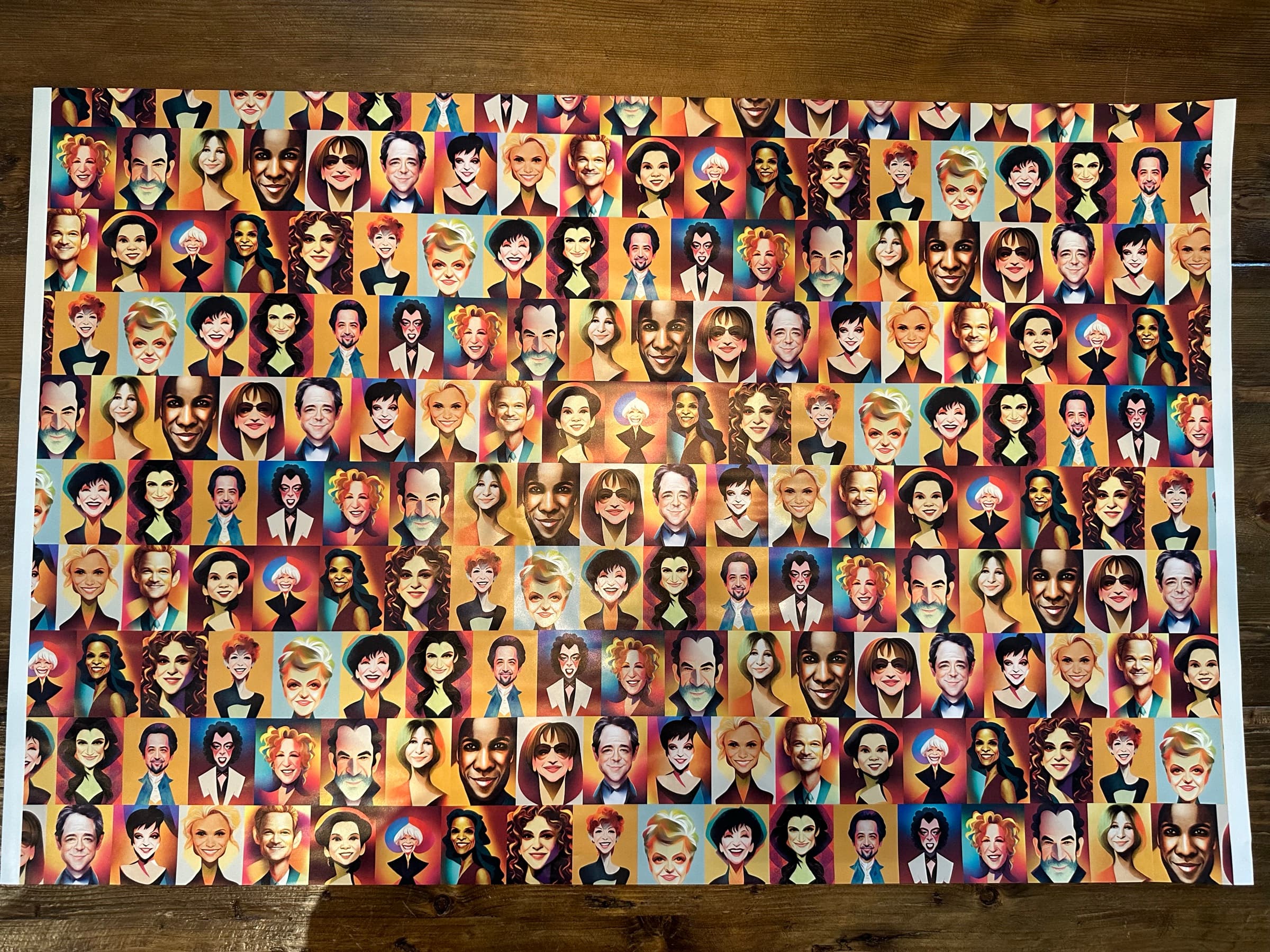 A flat overhead view of a sheet of the portrait wrapping paper: a dense ten-by-fifteen grid of stylized caricature portraits in saturated warm color blocks (orange, yellow, raspberry, gold, teal), each face cropped to the shoulders against its own background panel.