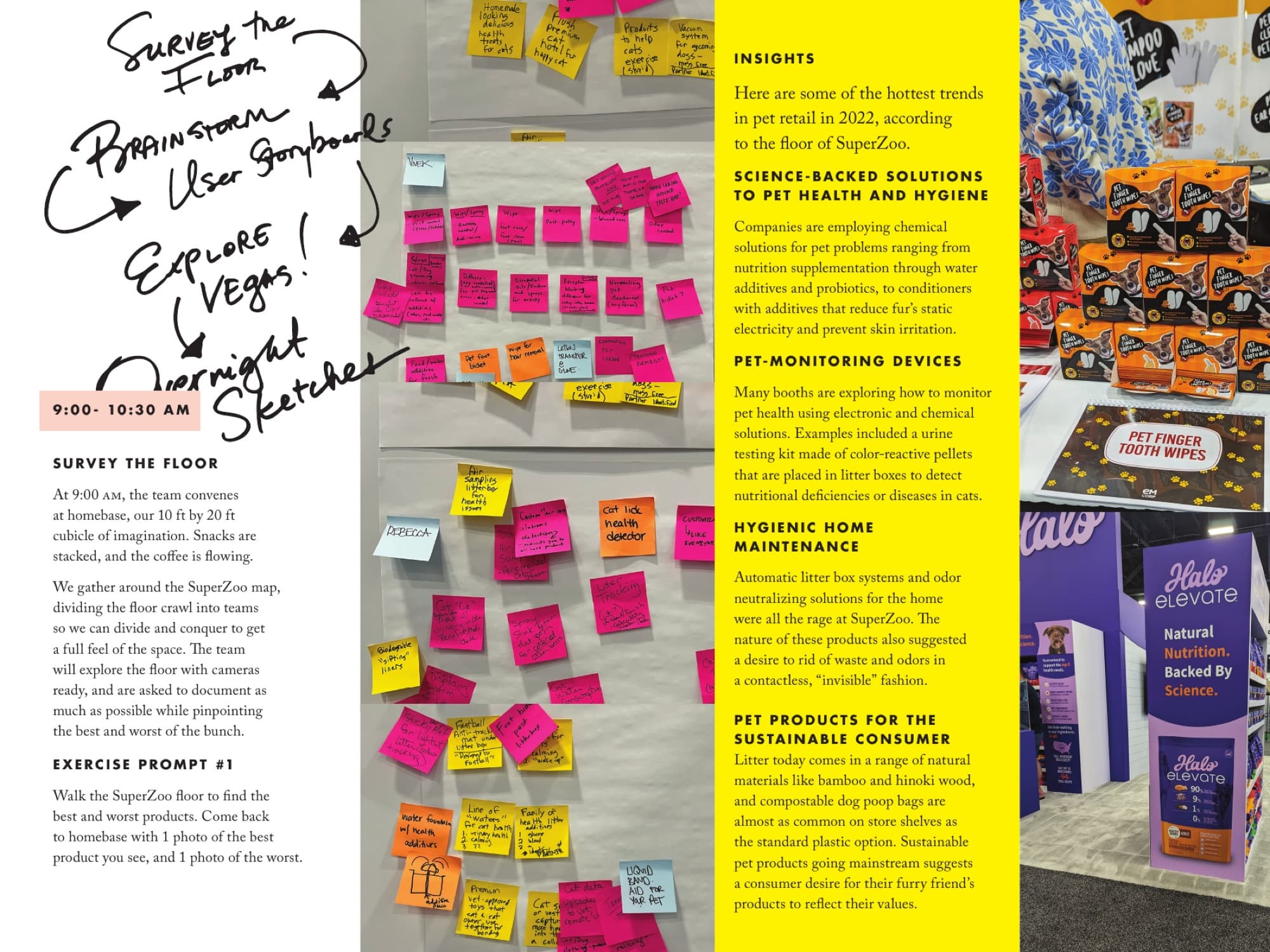 A workshop documentation spread showing the structured exercises and the team running them