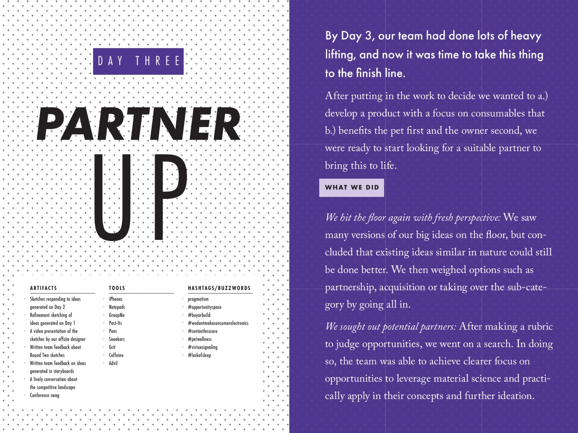 Another concept spread following the same Name / Pillar / Pitch template: same format, different ideas, easy to scan