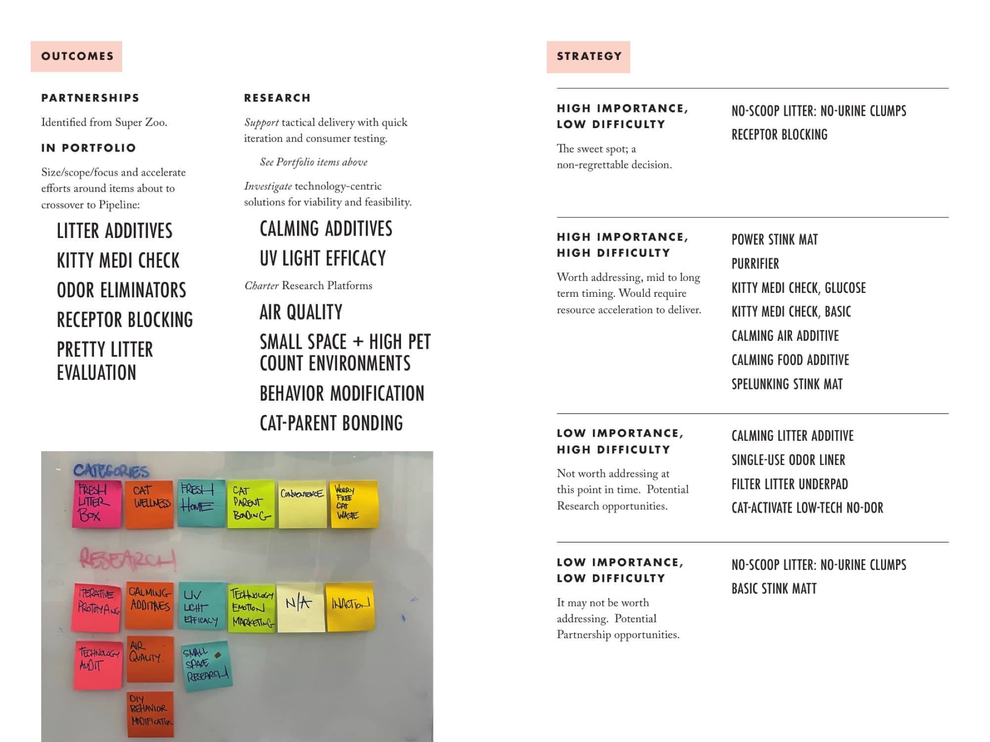 A documentation spread showing the field-to-ideation handoff: pictures from SuperZoo on one side, workshop output on the other