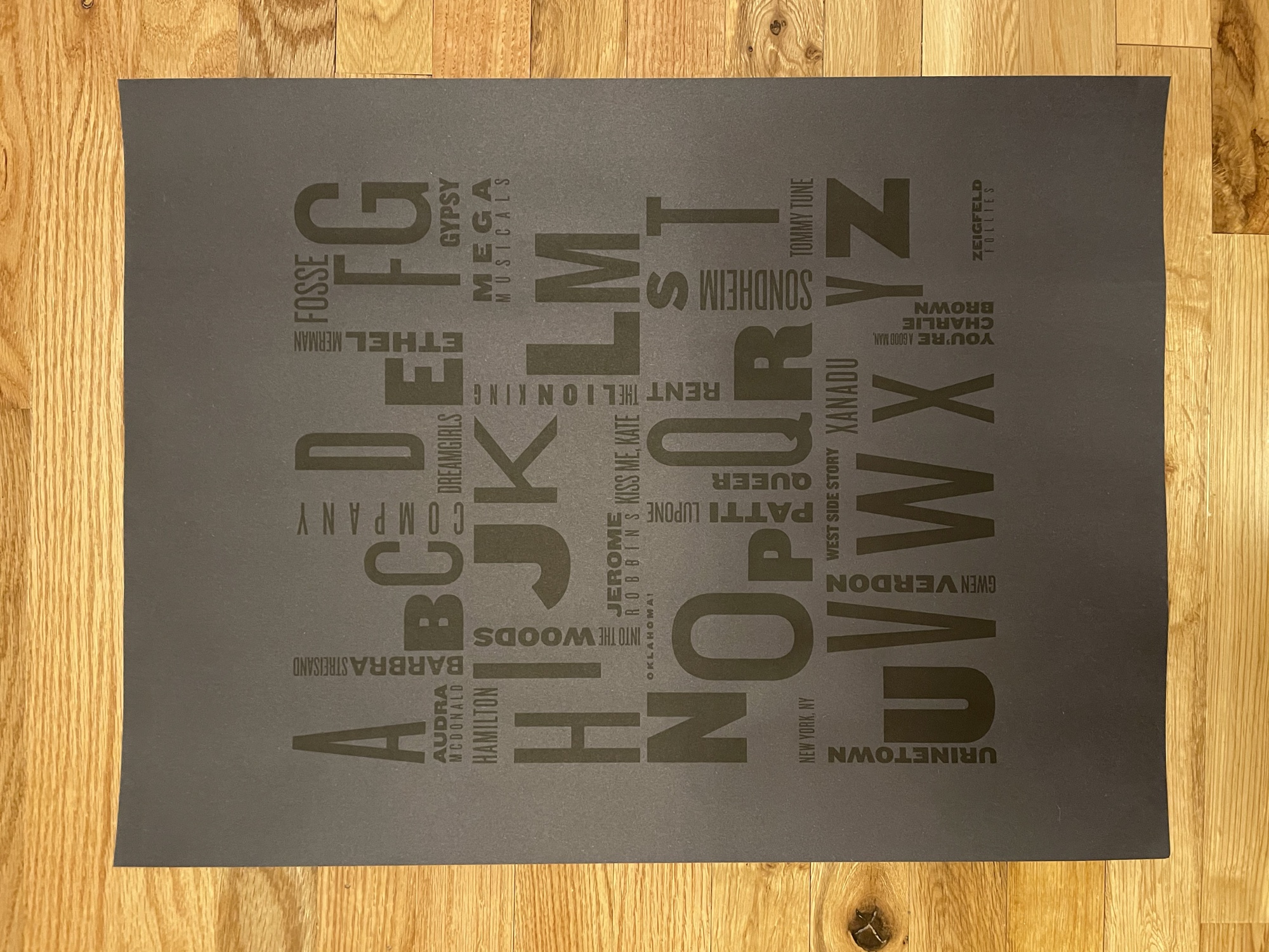 A typographic poster of every letter of the alphabet arranged in a tight cluster on a charcoal ground, each letter paired with the show, performer, or word it stands for.