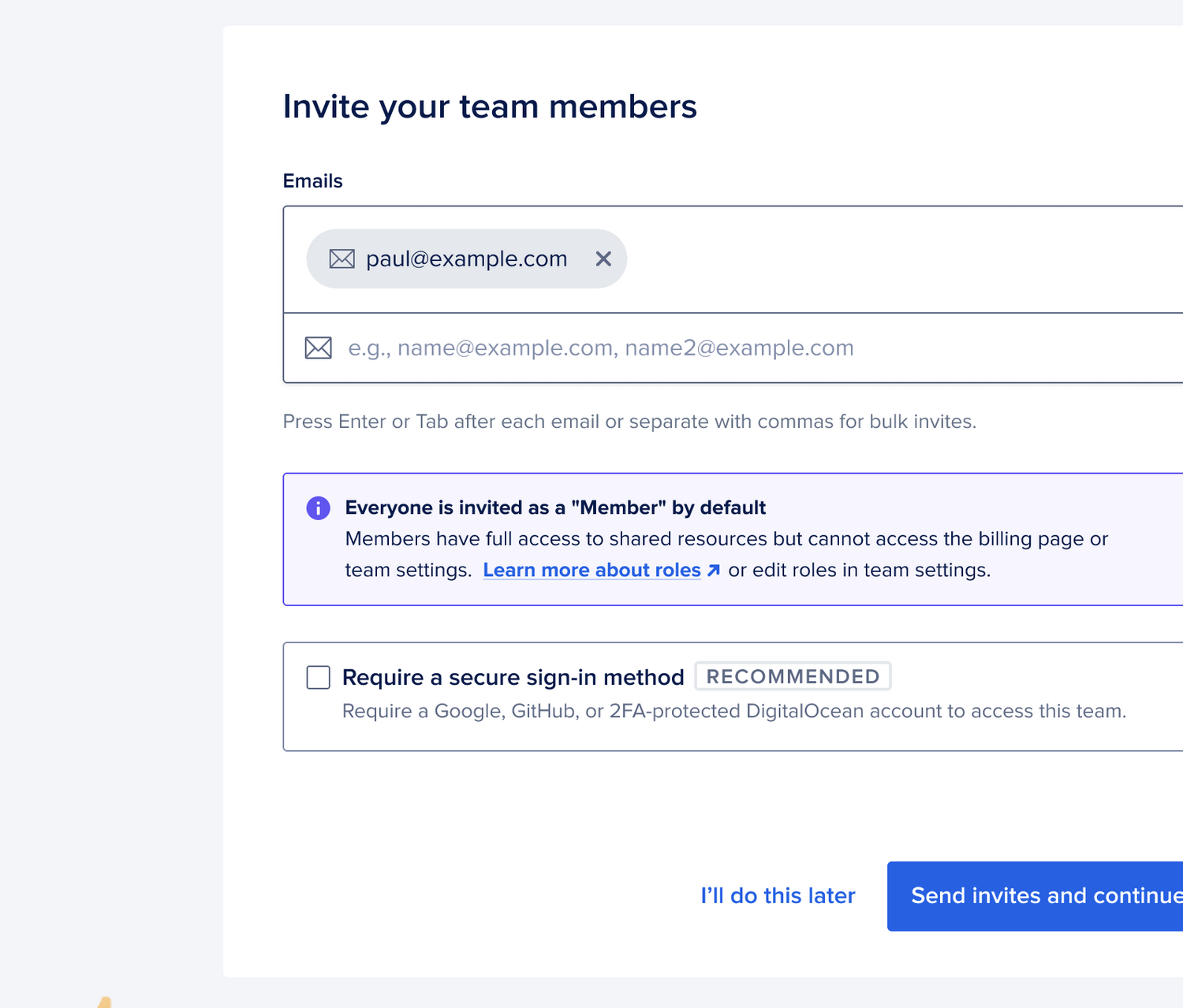 A screenshot of the DigitalOcean onboarding flow: a focused step in the path that gets a developer from sign-up to first running deploy.
