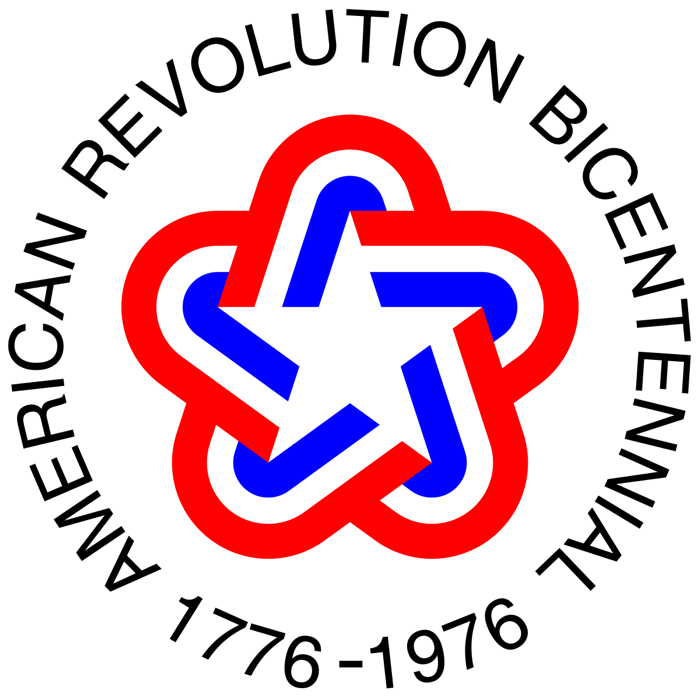 Bruce Blackburn's 1976 American Revolution Bicentennial star: a five-point star formed in the white space between swept ribbons of red and blue.